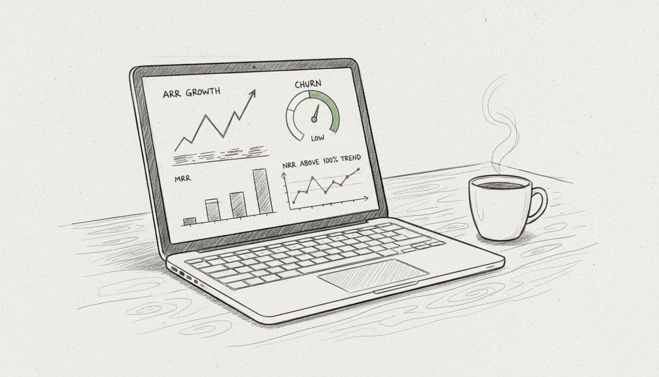 Hand-drawn sketch of laptop on wooden desk showing clean SaaS KPI charts for ARR, MRR, churn gauge, and NRR trend, with coffee mug nearby on light gray background.