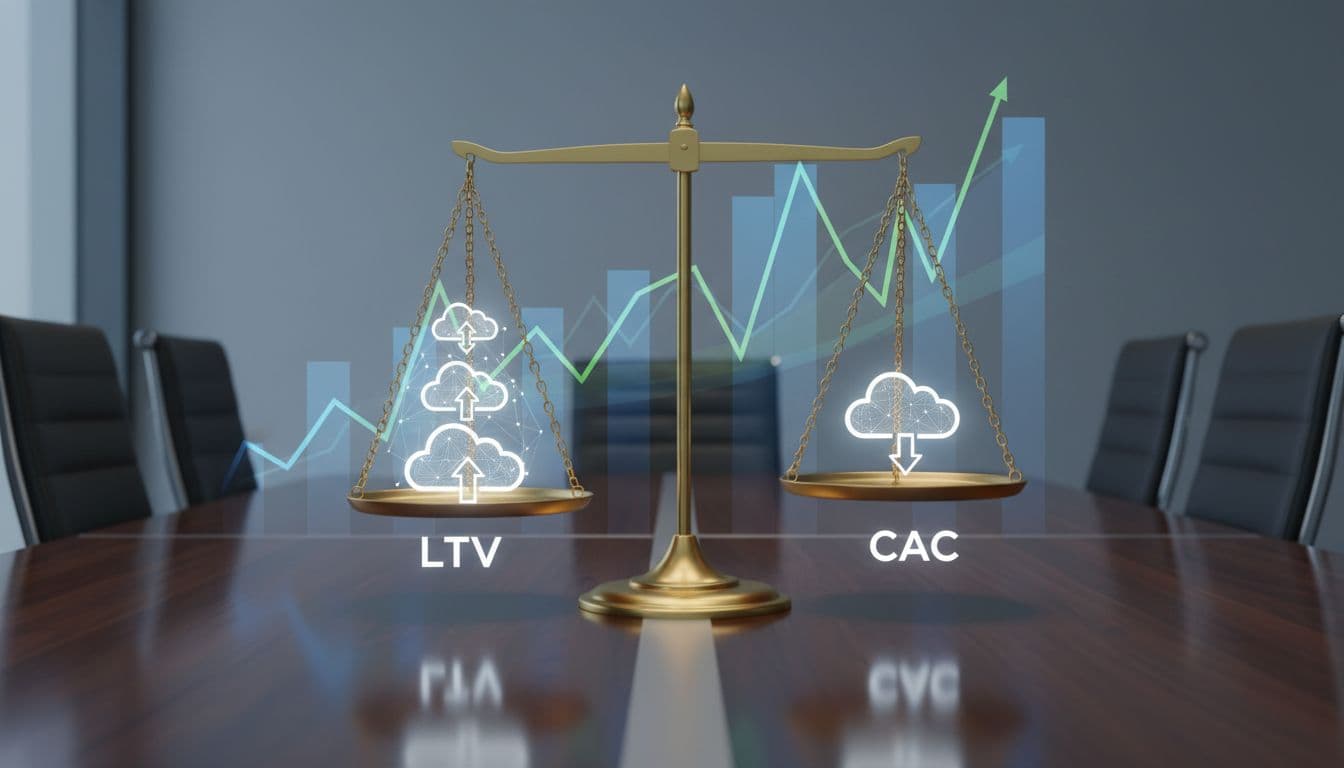 Balanced golden scales on a sleek conference table with four stacked SaaS cloud icons on the LTV side outweighing a single CAC icon, set against a subtle financial graph backdrop in a clean illustrative style.
