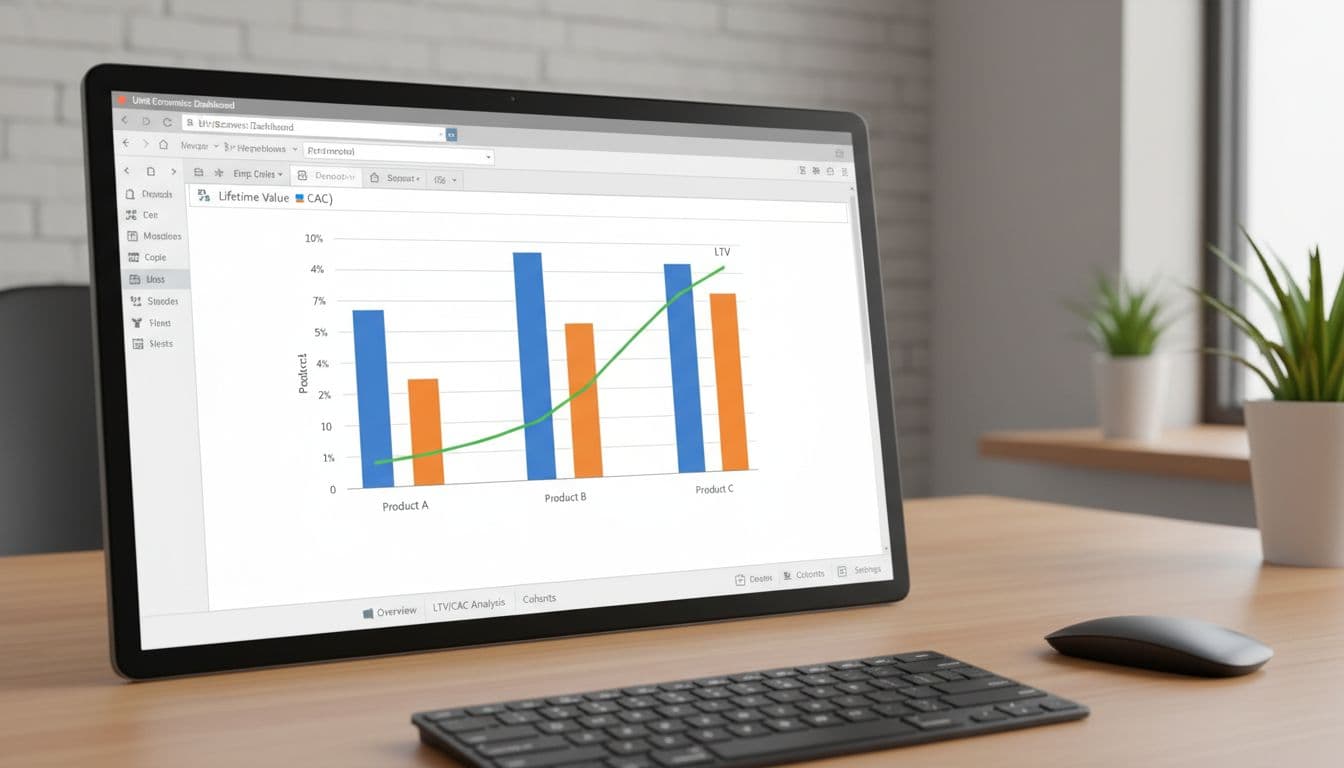 Professional bar chart in a spreadsheet interface comparing LTV and CAC for SaaS businesses, including a payback period line, set on a desk with a mouse nearby in an illustrative style.
