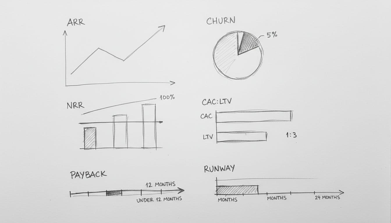 Grid of sketched charts on white paper: upward line graph, pie chart, expansion bars, ratio bars, timeline, horizontal bar.