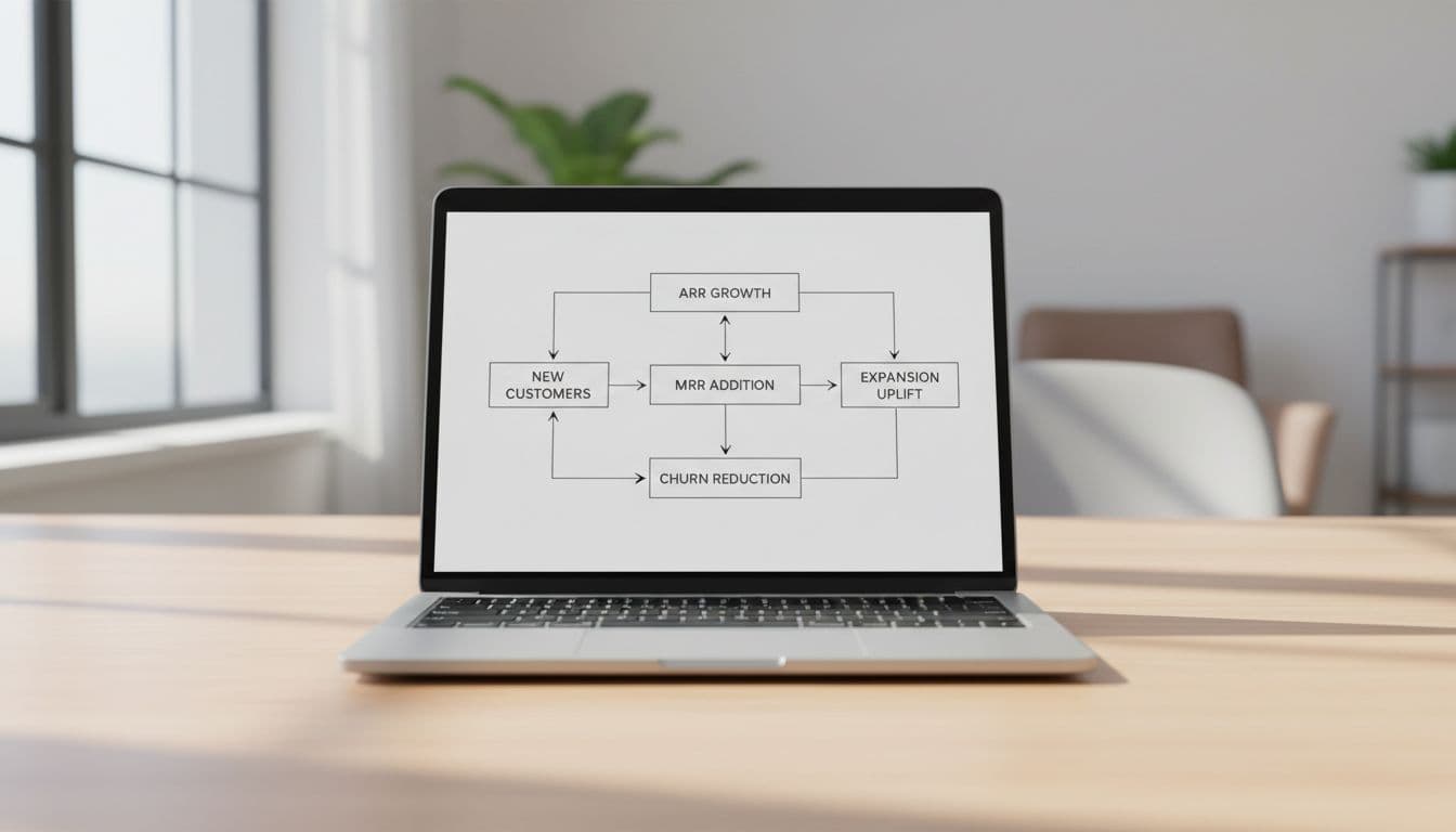 Simple minimalist flowchart on a laptop screen in a clean office desk setting with natural daylight, illustrating SaaS revenue drivers from leads to ARR growth via new customers, MRR addition, churn reduction, and expansion uplift.