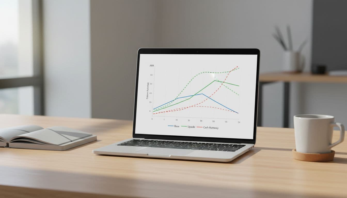 Laptop screen in modern workspace displaying simple line graph of base, upside, and downside scenarios for ARR and cash runway over 24 months.