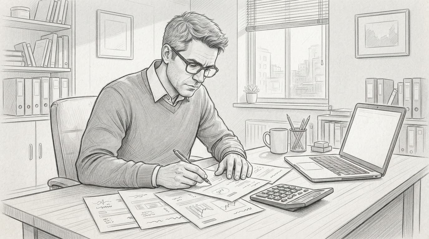 A business owner reviews valuation papers beside a calculator and laptop.