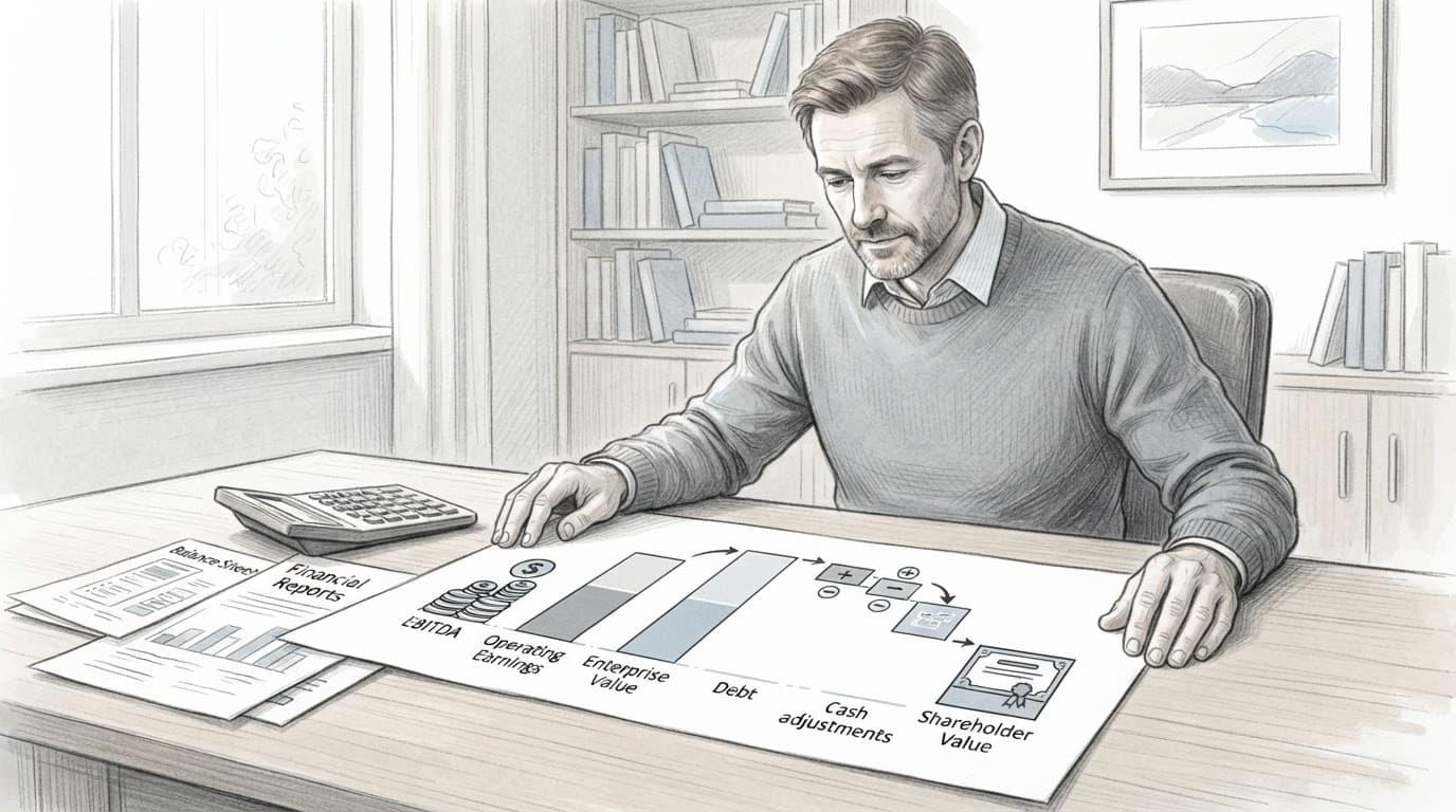 A business owner reviews valuation papers beside a calculator and financial documents.