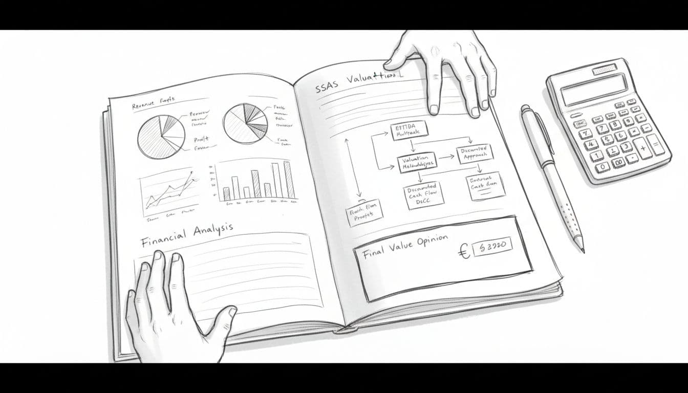 Close-up sketch of open SSAS business valuation report on desk showing financial charts, valuation diagram, and value opinion box with relaxed hands on edges.