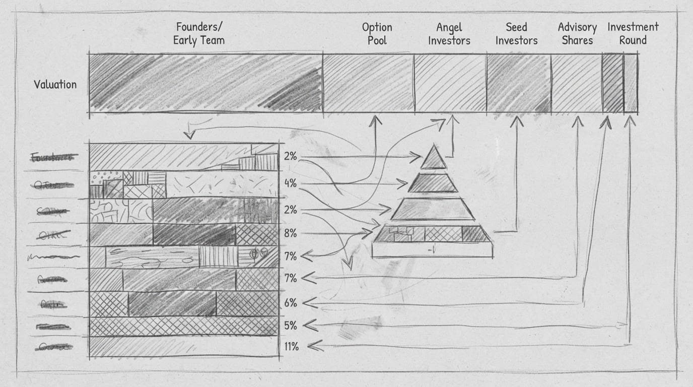 Graphite sketch of a startup cap table and valuation chart on gray paper.