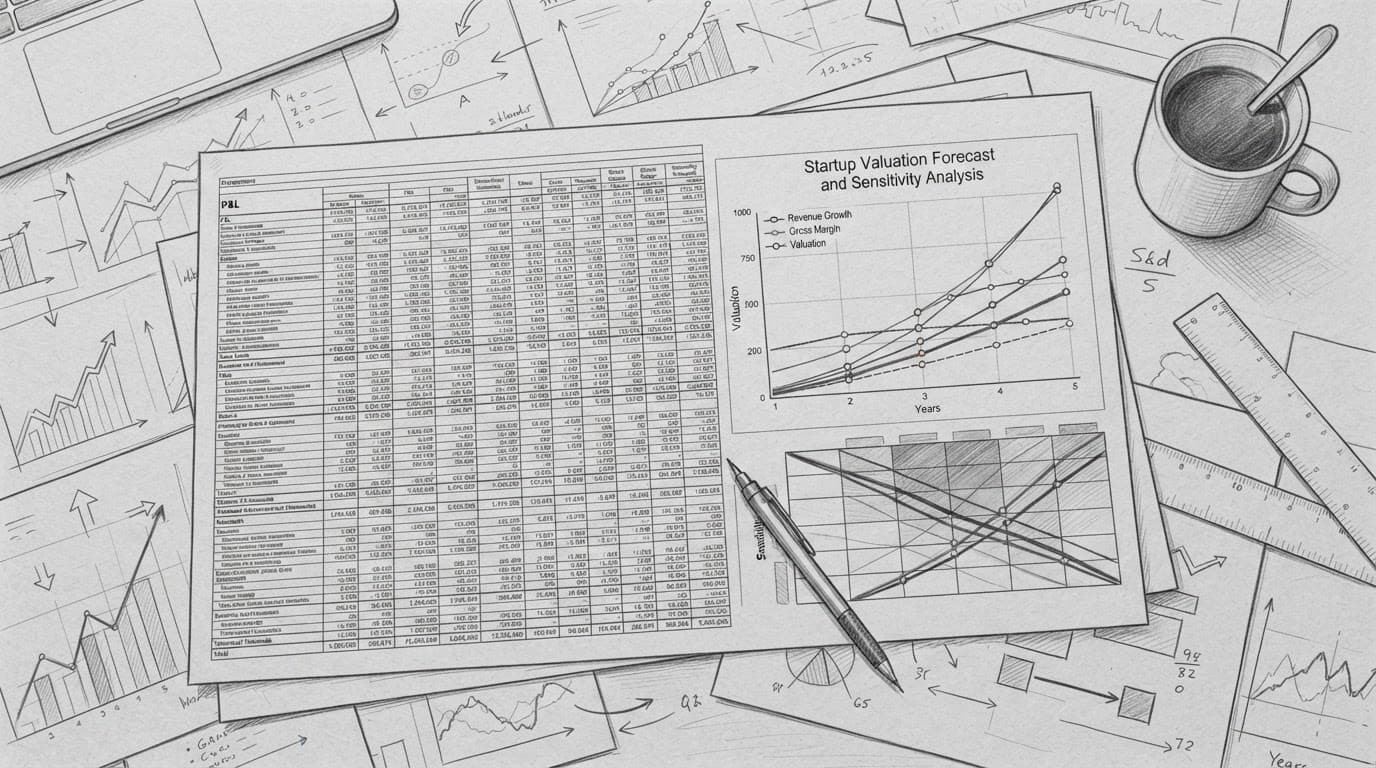Graphite sketches of spreadsheets and valuation charts on light gray paper.