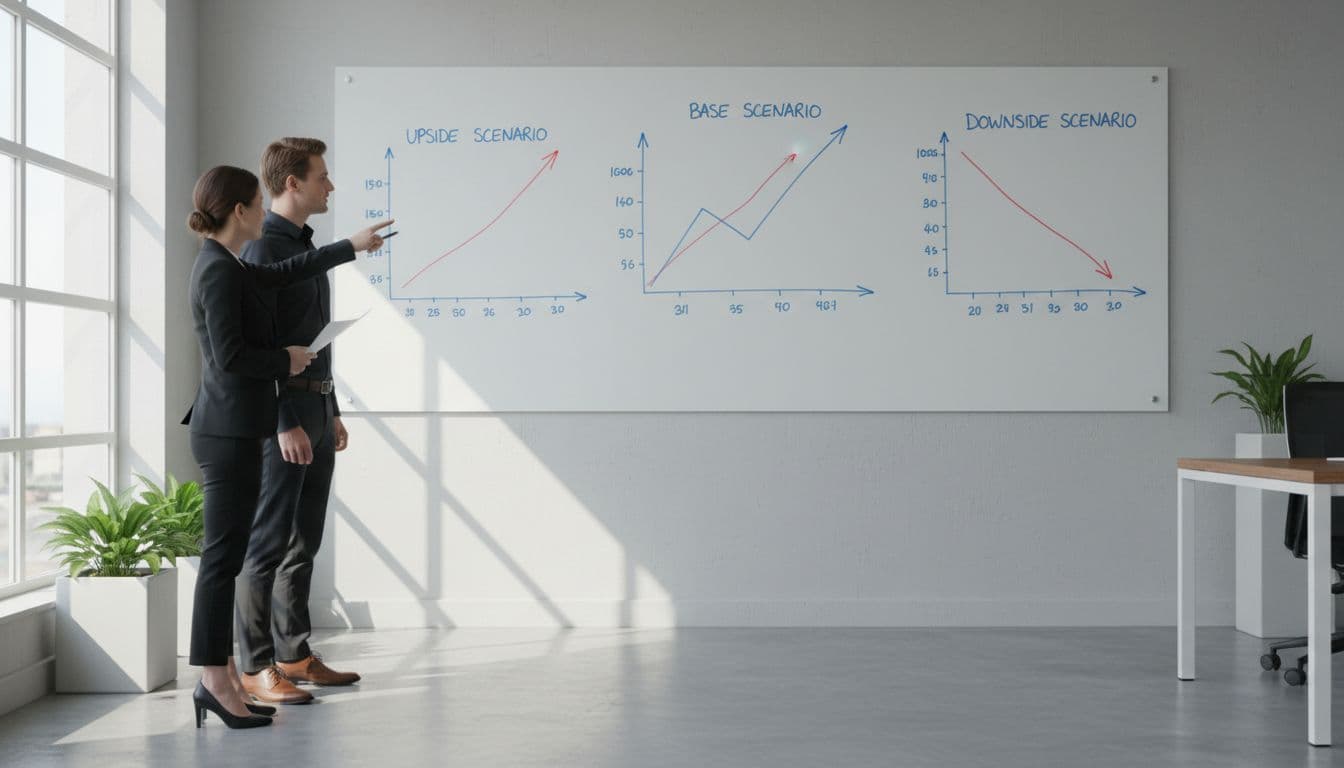 Two professionals in modern office point at whiteboard charts showing base, upside, and downside scenarios.