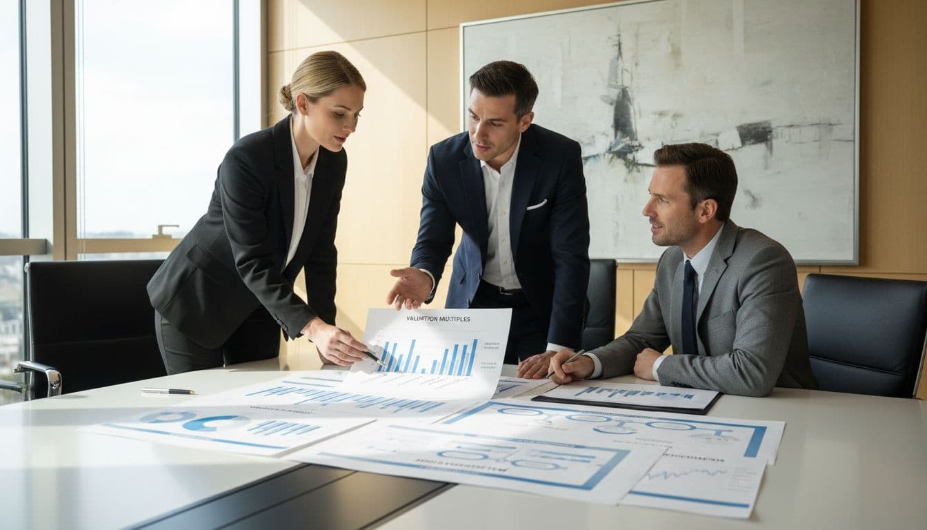 Three professionals review exit strategy documents and charts around a conference table.