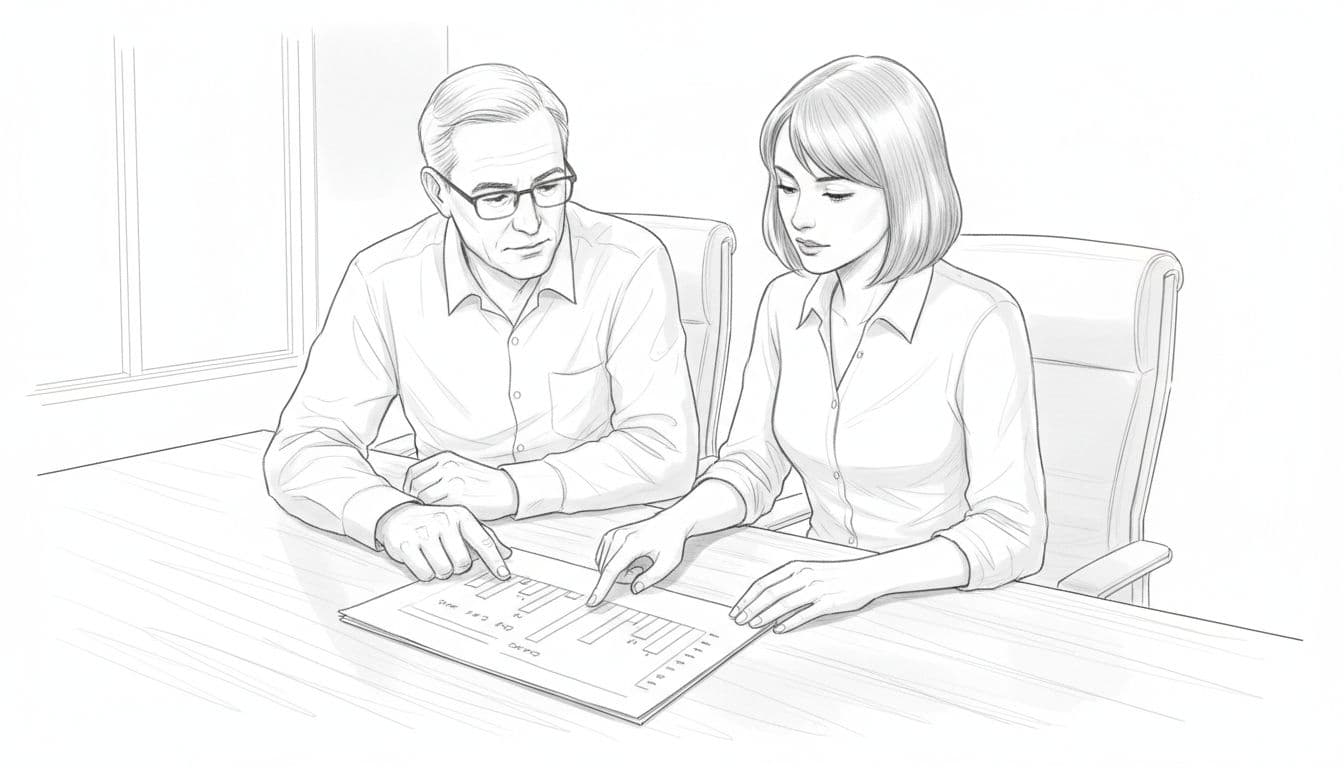Sketch of two trustees at conference table, one pointing to open business valuation report with charts, other nodding.