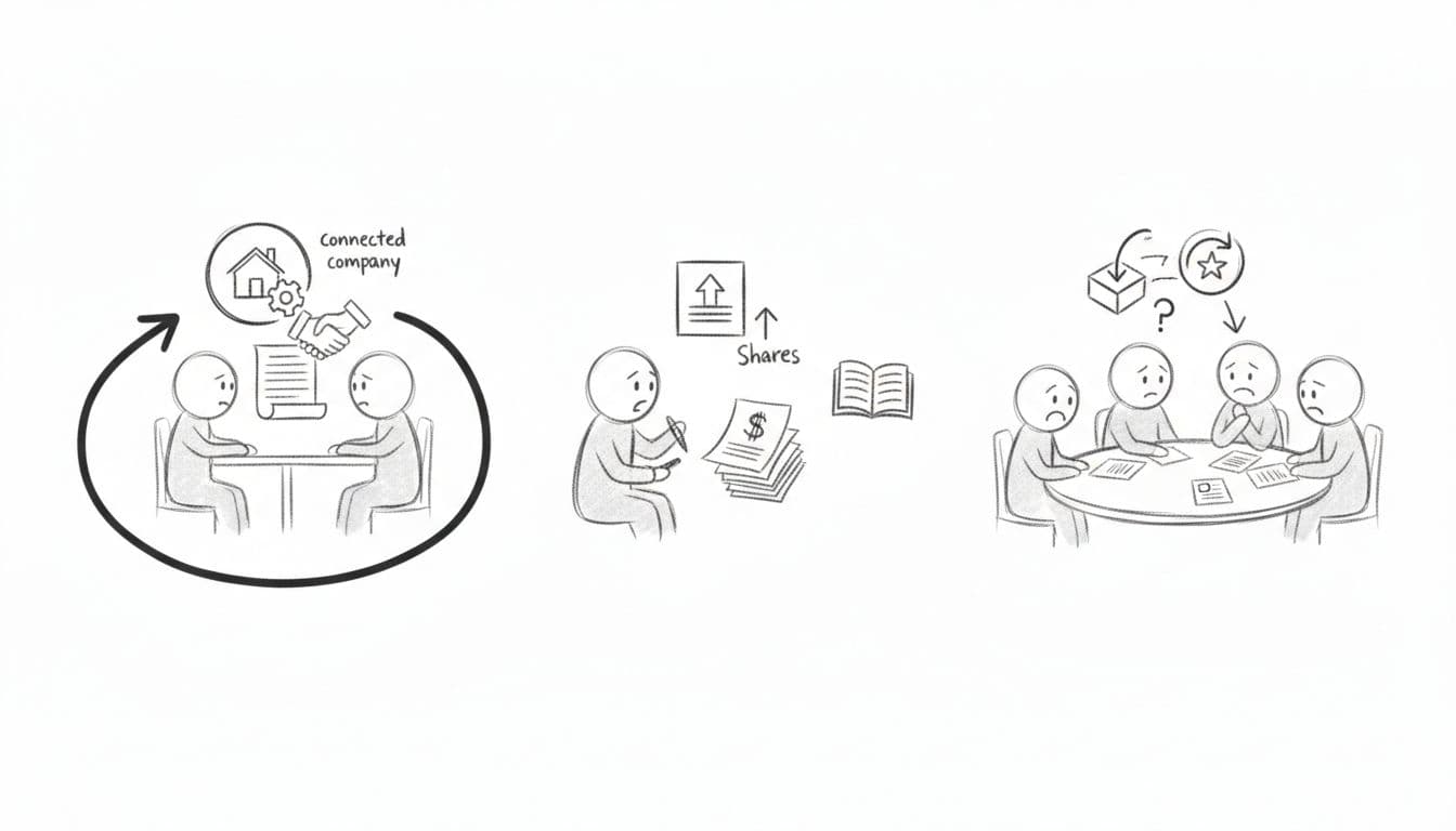 Three side-by-side sketches show trustees signing loan with company icon, purchasing shares, and holding business exit meeting.