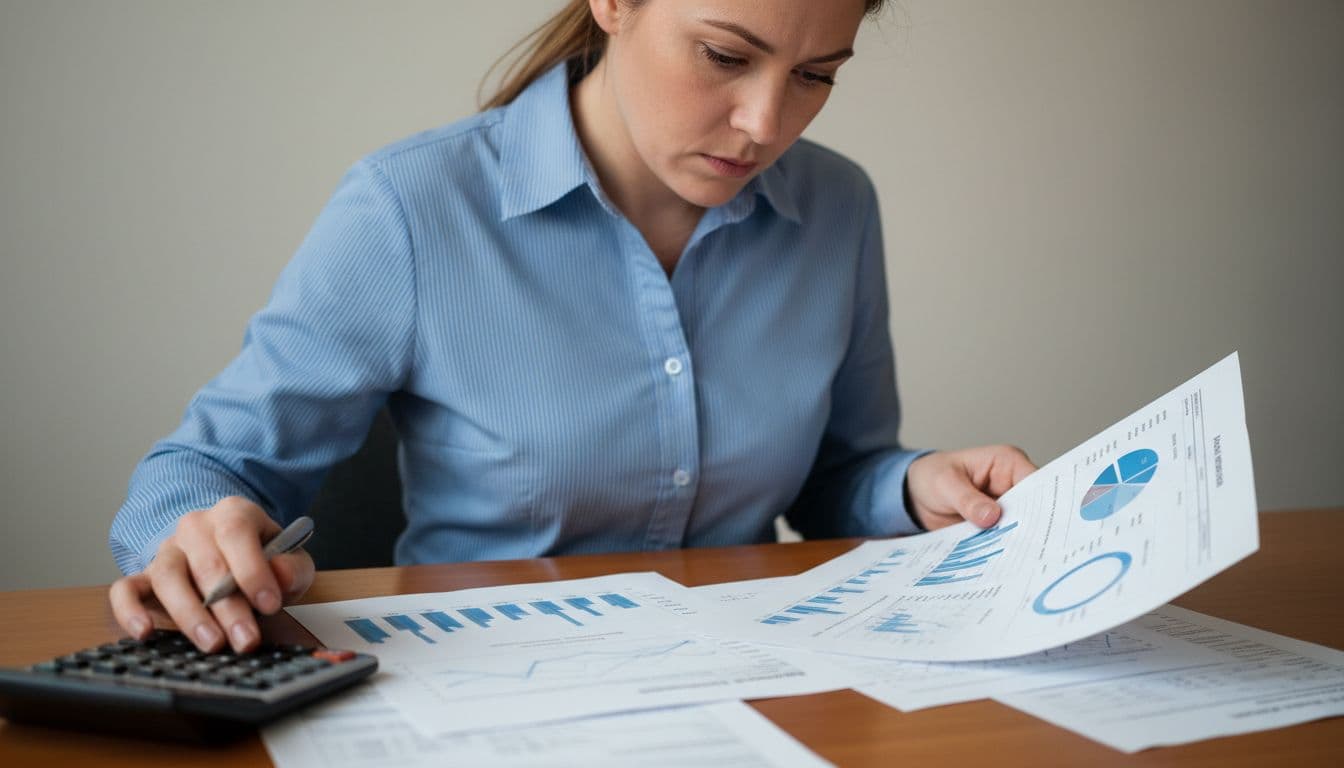 Close-up of focused accountant examining financial statements, calculator, and HMRC forms on wooden desk.