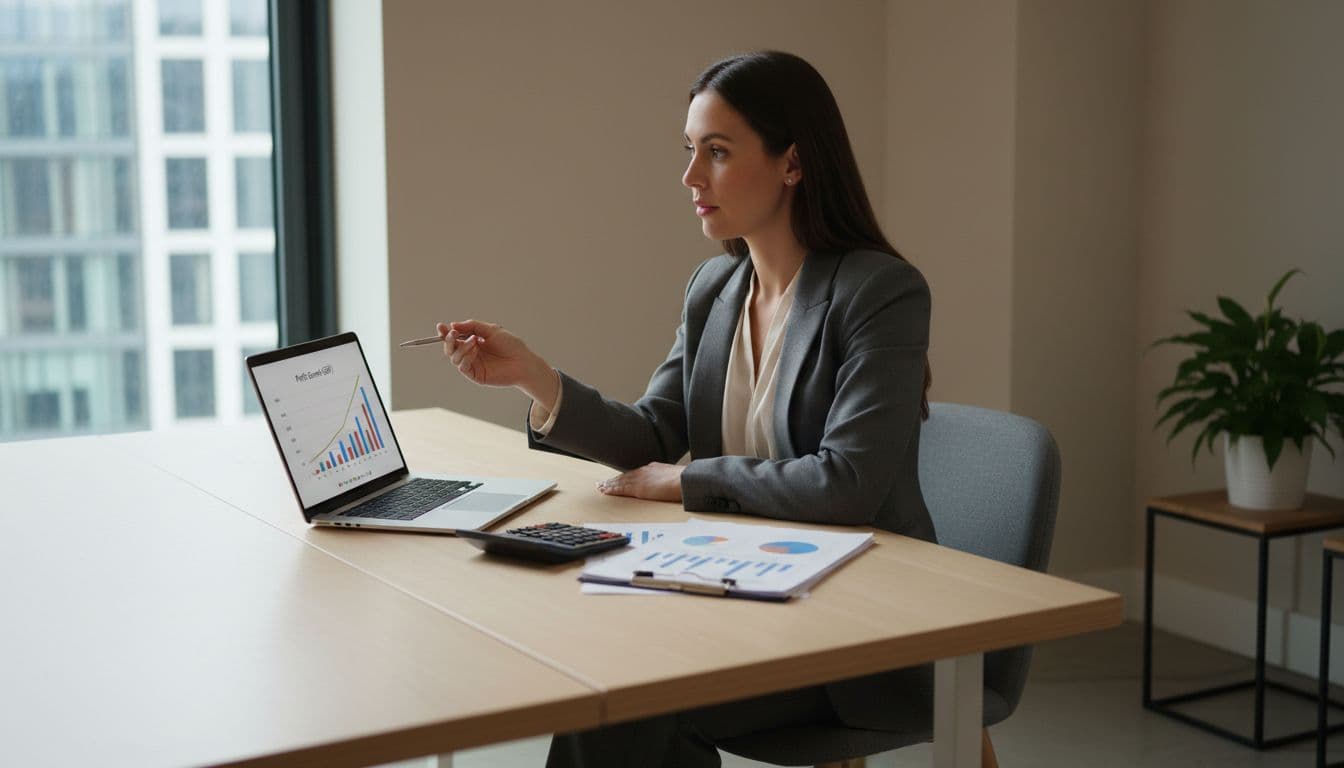 Professional business owner sits at modern office desk with laptop showing financial charts and nearby calculator.