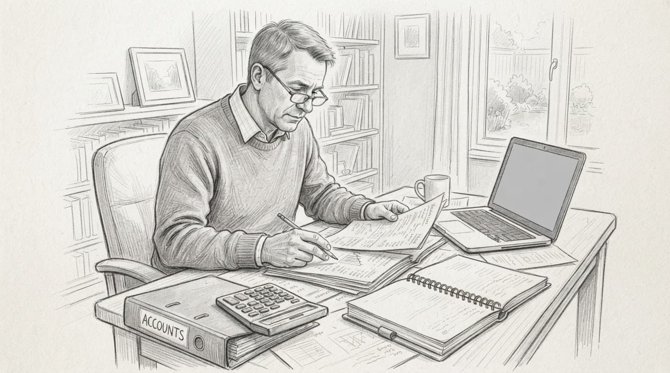 A business owner reviews valuation papers beside a calculator and laptop.