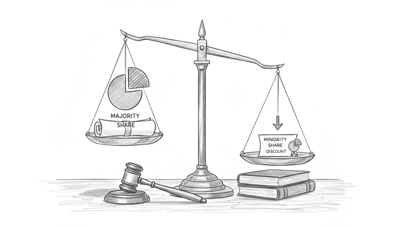 Graphite sketch of unbalanced justice scale: majority share weighs left pan down, minority share with down arrow on right, gavel and books on wooden surface.