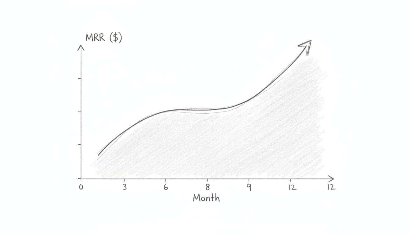 Hand-drawn graphite sketch of simple line chart on white paper showing upward MRR trend over 12 months with minimal axis labels.