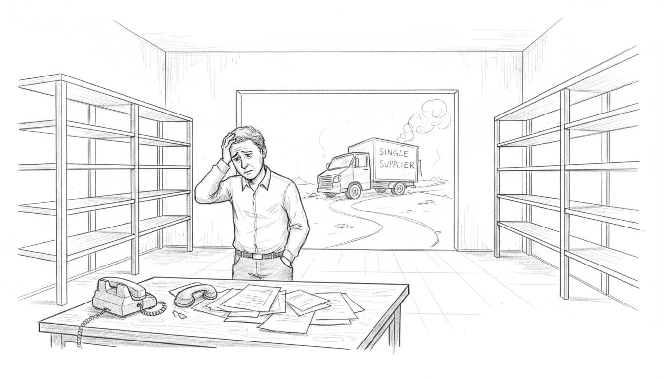 Worried business owner stands in workshop with empty shelves and broken supplier truck outside, simple desk with papers and phone nearby. Graphite line sketch on white background.