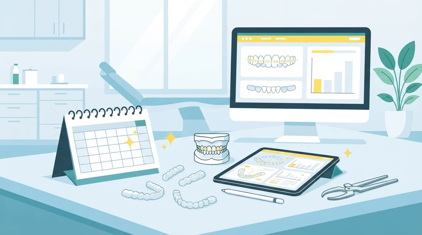 Flat illustration of orthodontic planning tools and a small desk calendar with bright yellow accents.