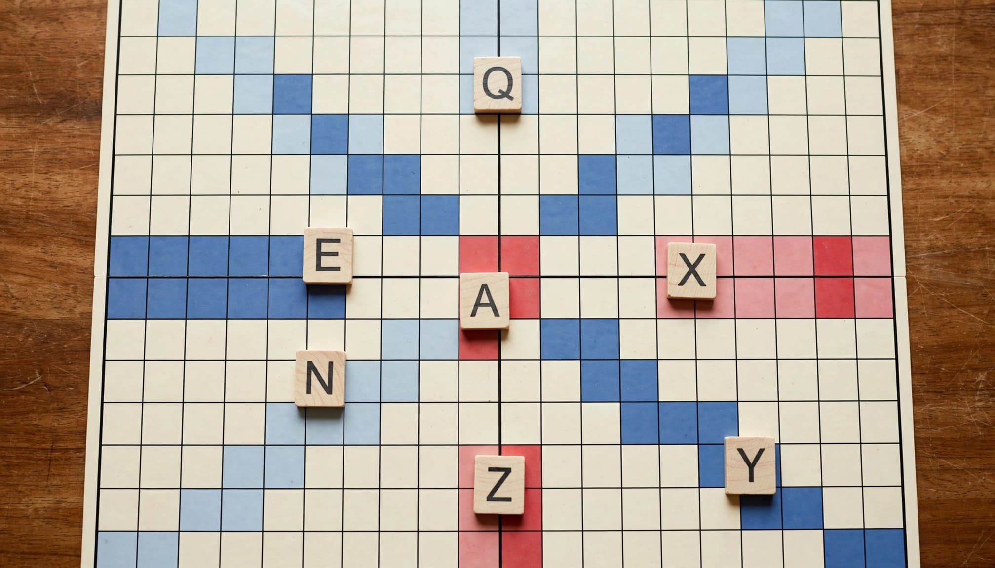 Een letterbordspel met zeldzame tegels en kruisende woorden op een houten tafel.