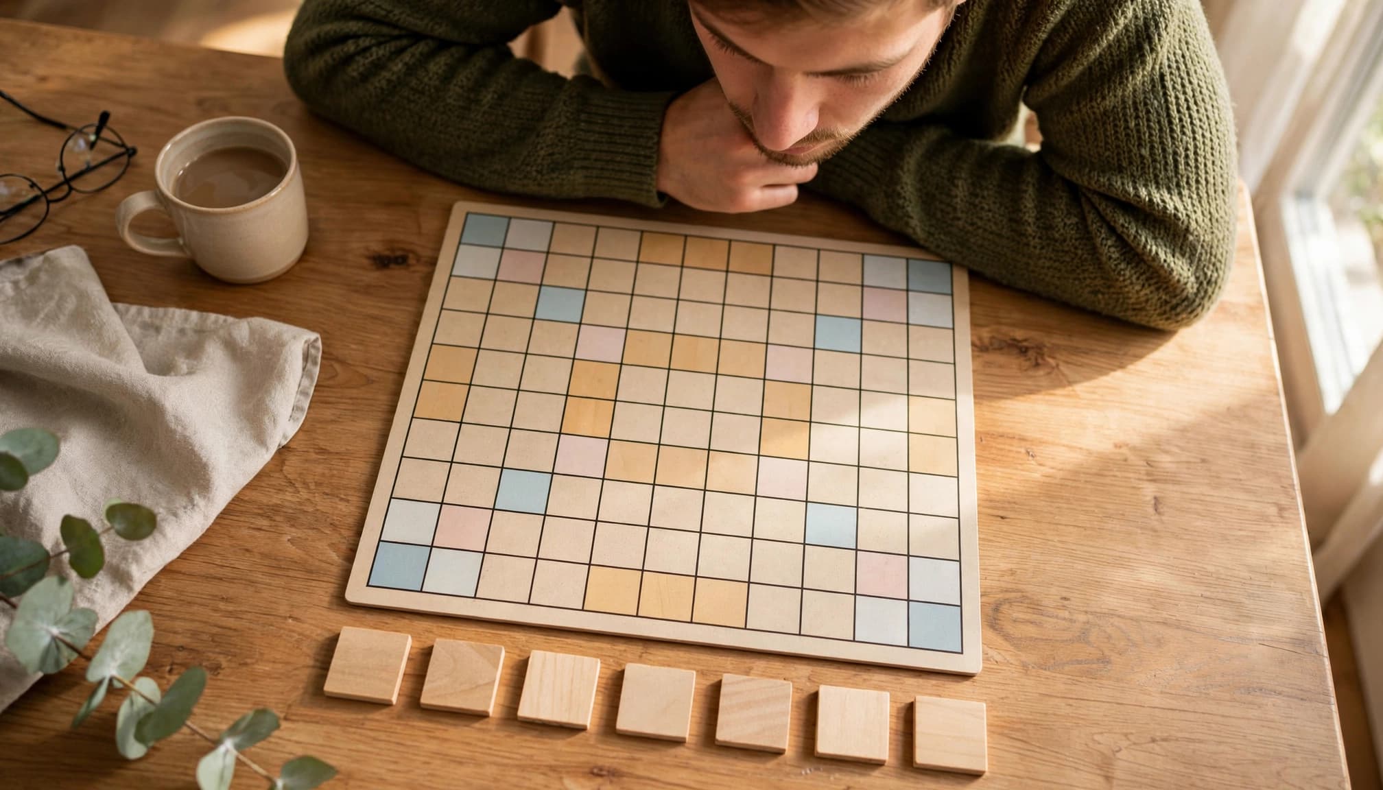 Eén speler bekijkt een spelbord met zeven houten tegels aan een keukentafel.