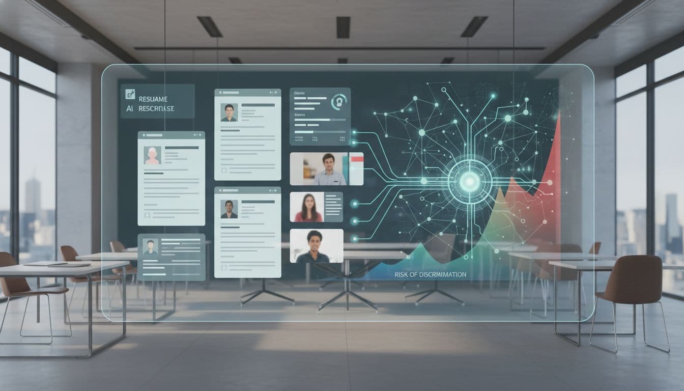 Ilustracija AI sustava za selekciju kandidata: ekran s CV-ovima, testovima i video intervjuima, algoritam analizira podatke, grafikon rizika diskriminacije u pozadini, profesionalni uredski ambijent, neutralne boje, bez teksta.