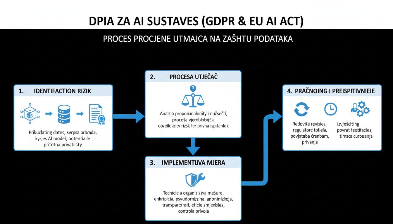 Infografika procesa DPIA za AI u skladu s GDPR i EU AI Act, s ikonama za AI modele, podatke, dokumente i timsku suradnju, bez teksta, u plavim i sivim tonovima