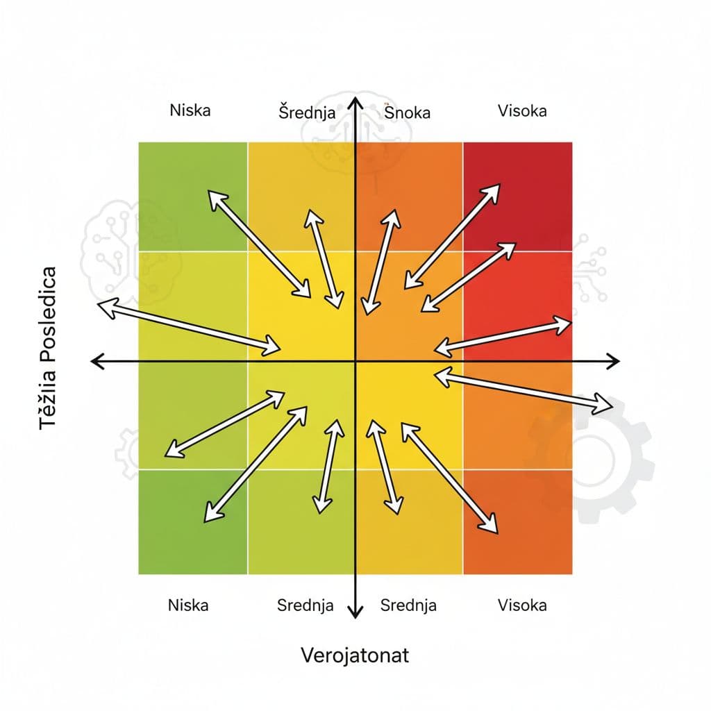 Vizual matrice rizika: osi vjerojatnost i težina posljedica, boje od zelene do crvene