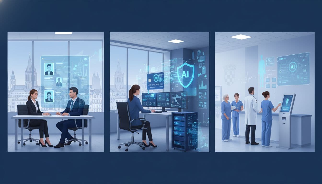 Realistična ilustracija hrvatskih AI primjena: selekcija kandidata, detekcija prijevara u bankarstvu i trijaža pacijenata u klinici, s blagim motivima Zagreba u pozadini