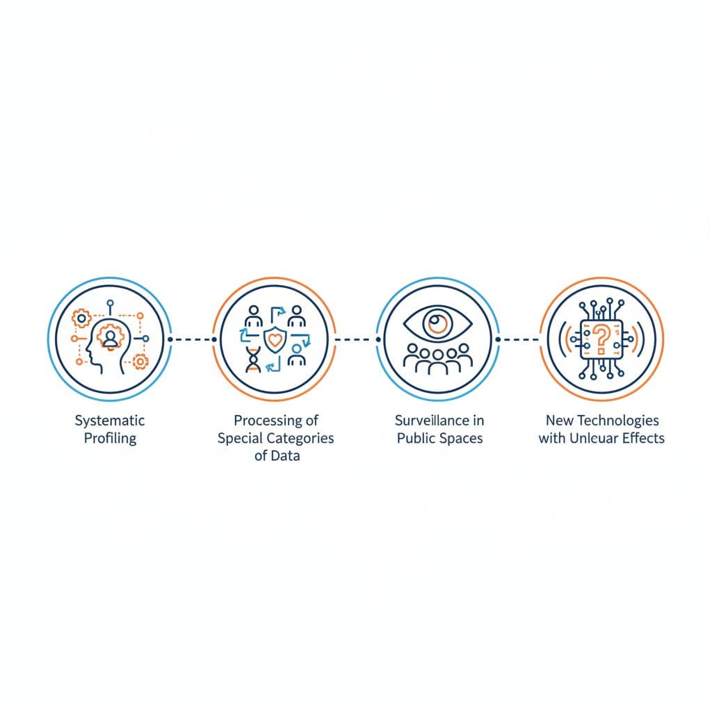 Ilustracija okidača za obveznu DPIA: profiliranje, posebne kategorije, nadzor javnih prostora i nova tehnologija, bez teksta, profesionalni stil