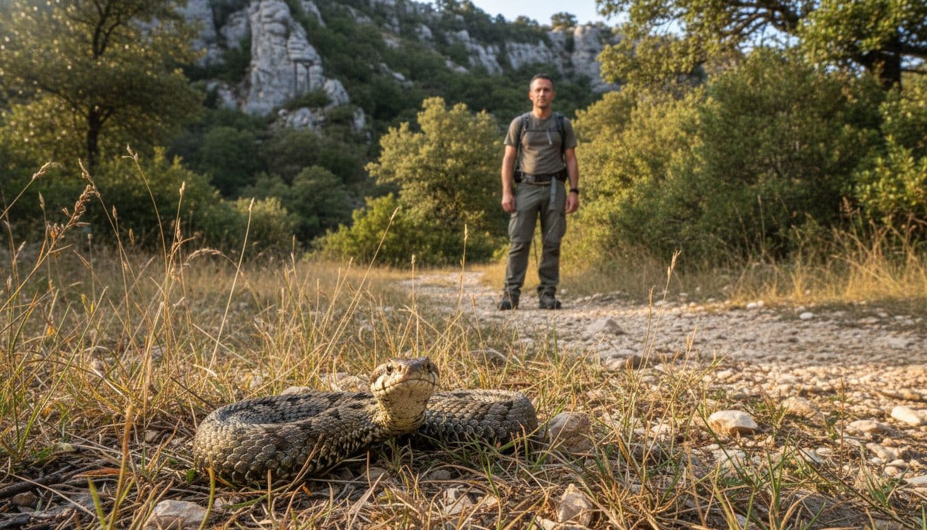 Planinar stoji na razmaku od zmije na šumskoj stazi