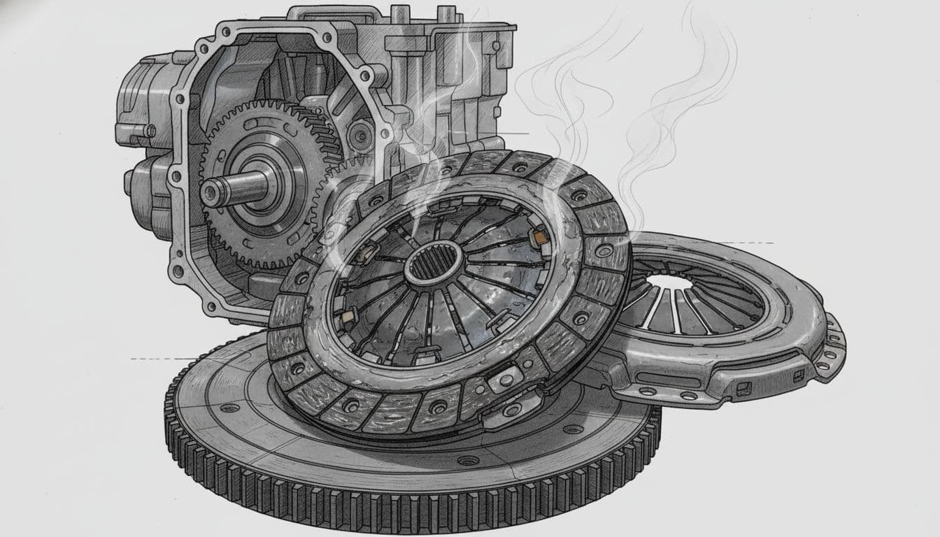 Tehnička ilustracija sustava kvačila s istrošenom lamelom i znakovima proklizavanja, otvoren motor u pozadini, neutralne boje, bez teksta