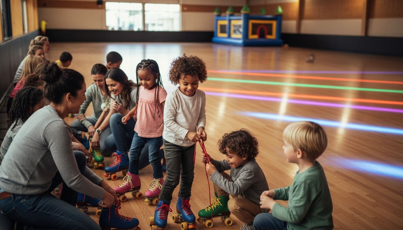 Vibrant family-friendly scene of diverse kids excitedly trying on rental quad skates with parents helping in a bright indoor roller skating rink.