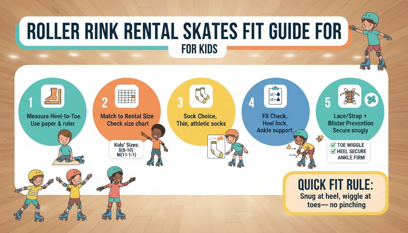 A bright, modern infographic outlining 5 illustrated steps for fitting rental roller skates on kids, including measuring feet, size matching, sock choice, fit checks, and lacing tips for comfort and blister prevention.