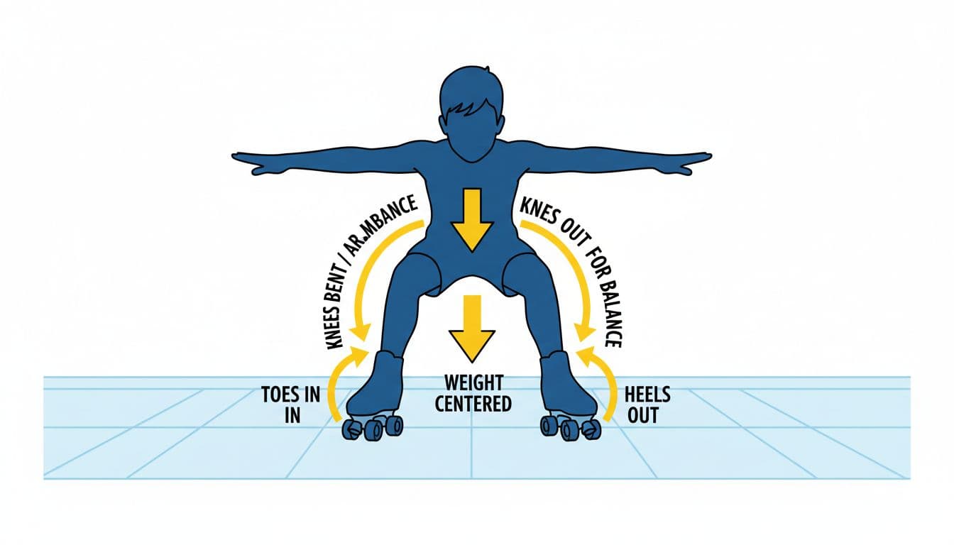 A clean, instructional vector diagram of a gender-neutral child silhouette performing a snowplow stop on roller skates, with knees bent, toes turned in, heels out wide, weight centered, and arms for balance. High-contrast illustration on white background with labeled arrows for foot angles, posture, and minimal text like 'Toes In' and 'Heels Out' for beginners.