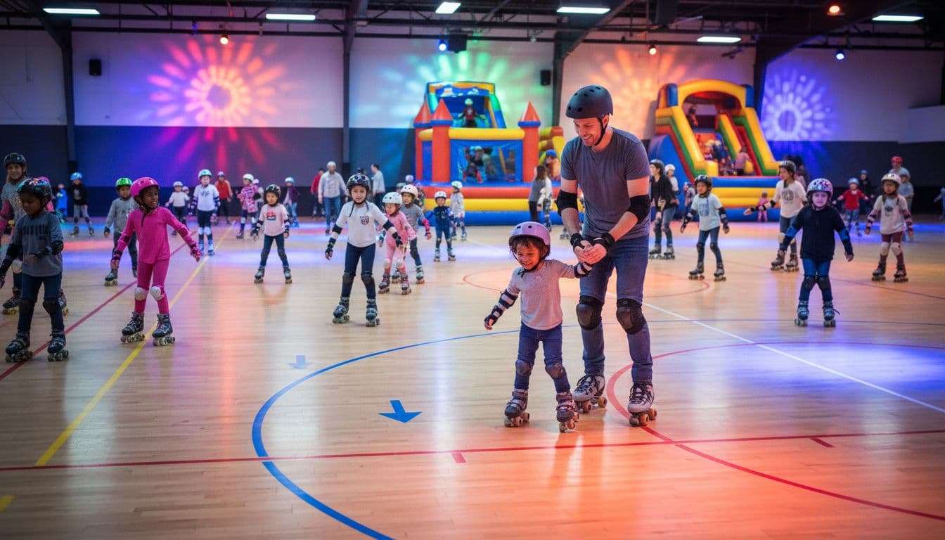 Vibrant indoor roller skating rink scene where a parent helps a young child practice stopping on skates, surrounded by laughing families, colorful lights, and a bounce zone.