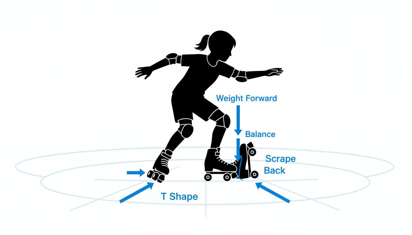 High-contrast vector silhouette of a gender-neutral child performing a T-stop on roller skates, with gliding foot forward and trailing skate perpendicular. Includes labeled arrows for foot position, pressure, and balance on a white background with rink lines.