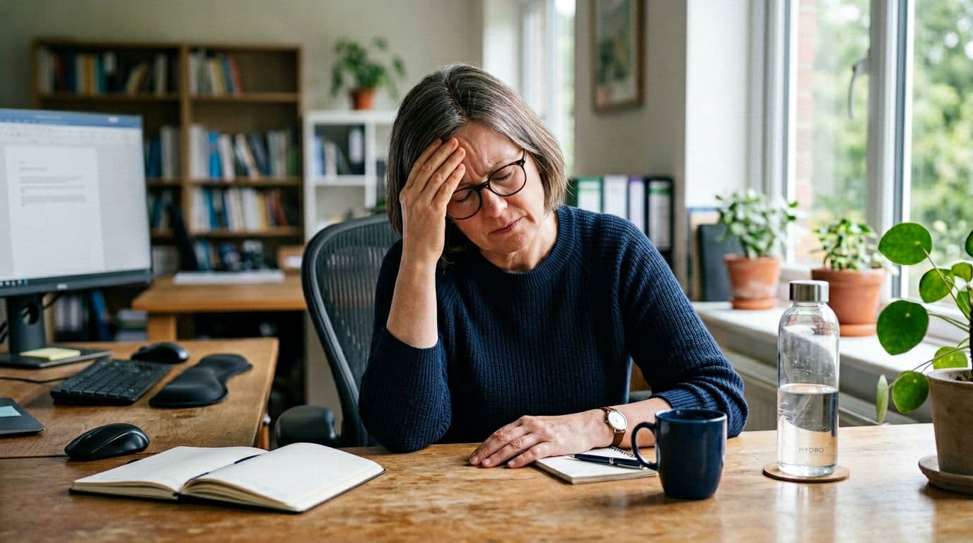 A middle-aged person sits at a desk in an office, gently holding their forehead due to a headache from dehydration, with a water bottle nearby and natural light from a window.