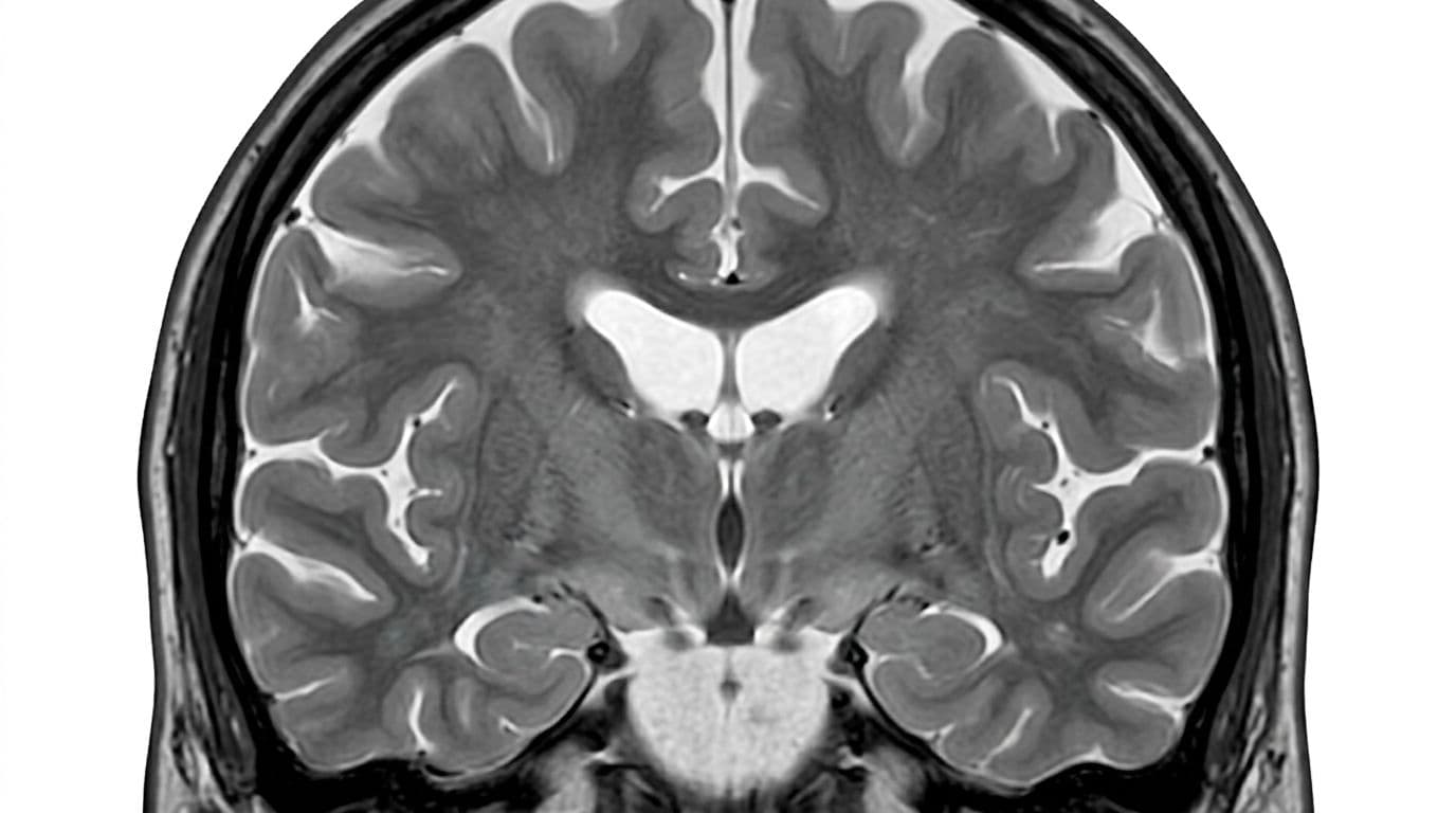 Cross-section of a human brain MRI scan illustrating mild dehydration, featuring slightly reduced tissue volume and enlarged ventricles compared to normal, in realistic medical imaging style on a clinical white background.