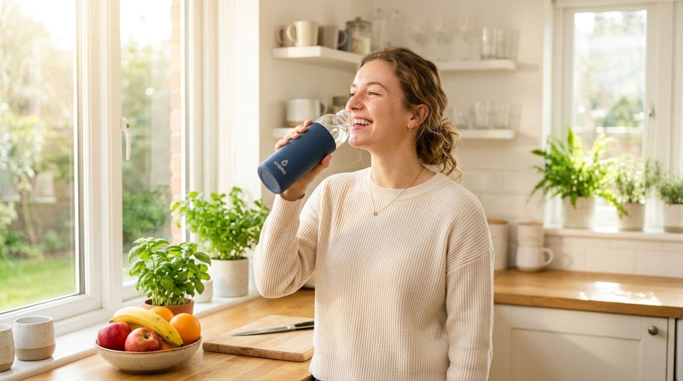 A young adult with a happy, refreshed expression drinks water from a reusable bottle in a bright kitchen illuminated by morning sunlight, with fruits on the counter.