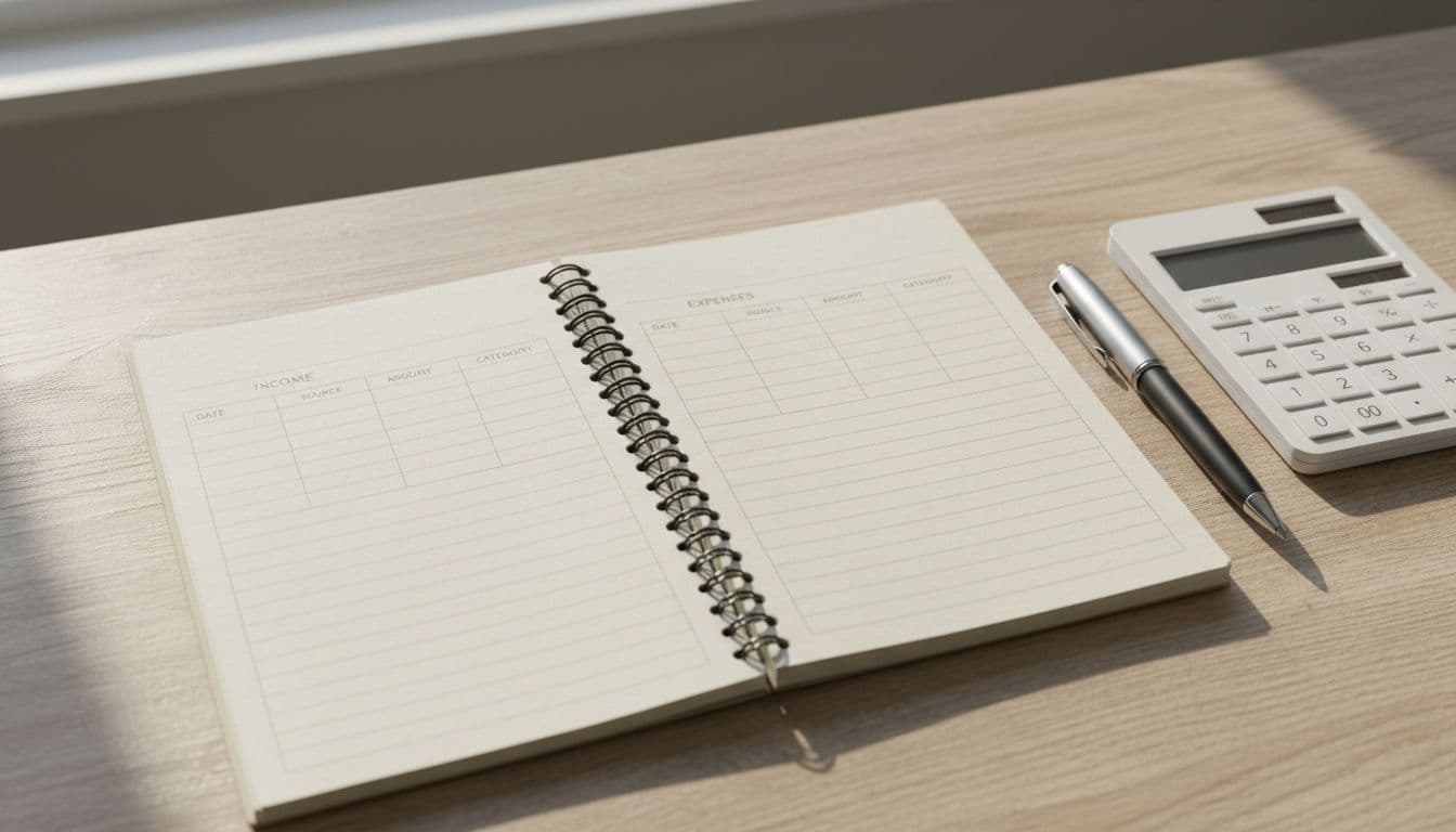 Open notebook on wooden desk shows blank table columns for date source amount category with pen and calculator beside it.
