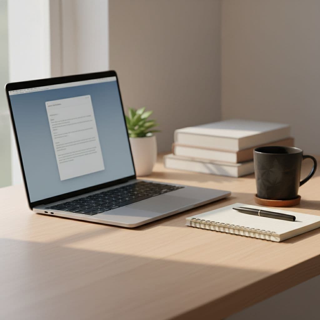 A modern laptop, notepad, and coffee mug sit on a tidy desk illuminated by soft morning light.