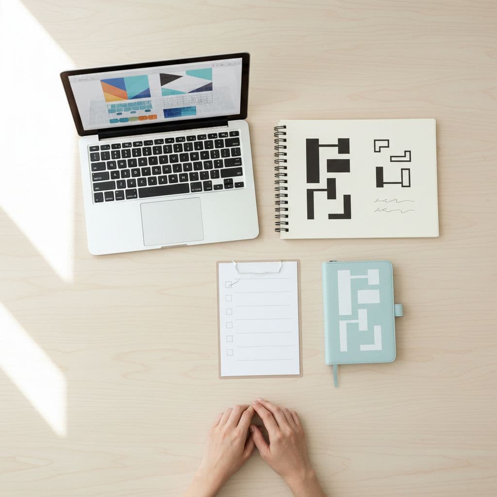 An overhead flat-lay shows a laptop, workbook, and planner arranged neatly on a wooden desk.