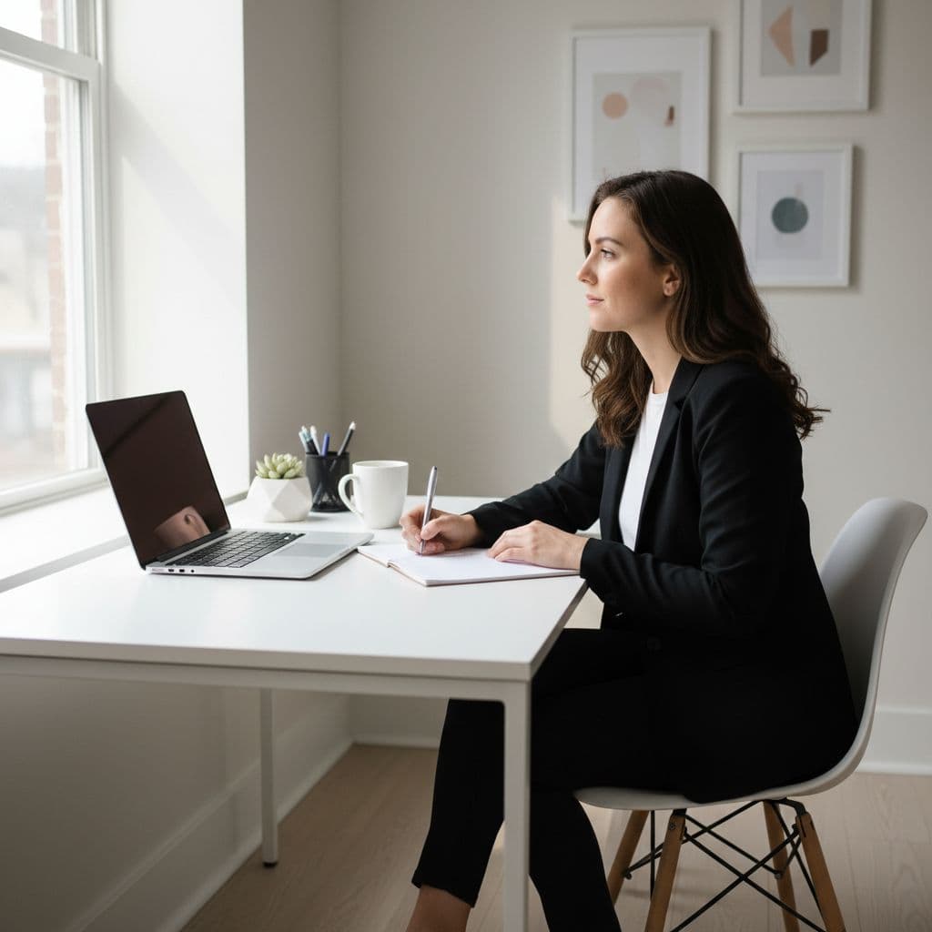 A focused person takes notes on a notepad while working at a clean, minimalist desk with a laptop.