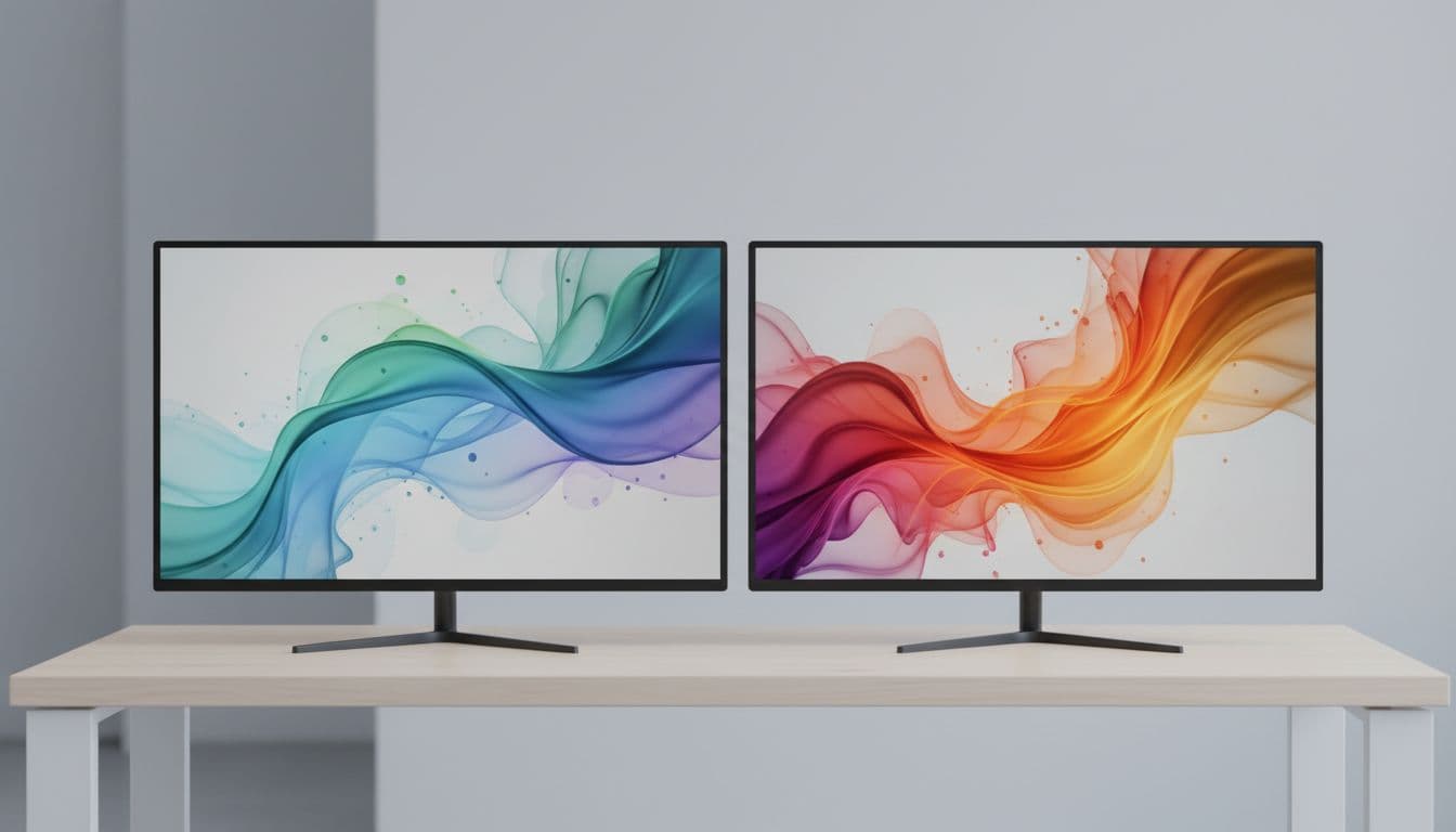 Two modern monitors sit on a clean desk, each displaying a unique abstract color scheme.