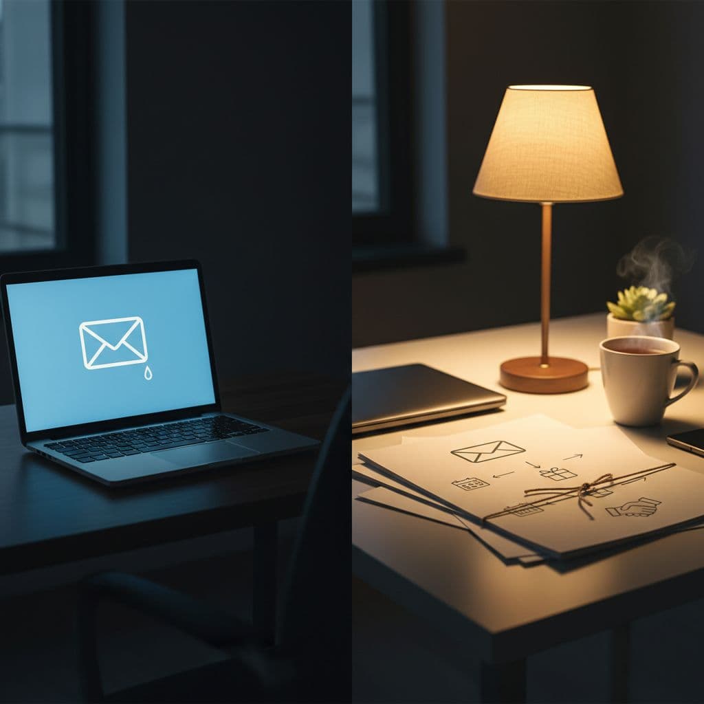 A dark, lonely laptop screen contrasts with a warm, organized desk featuring a planned email series.