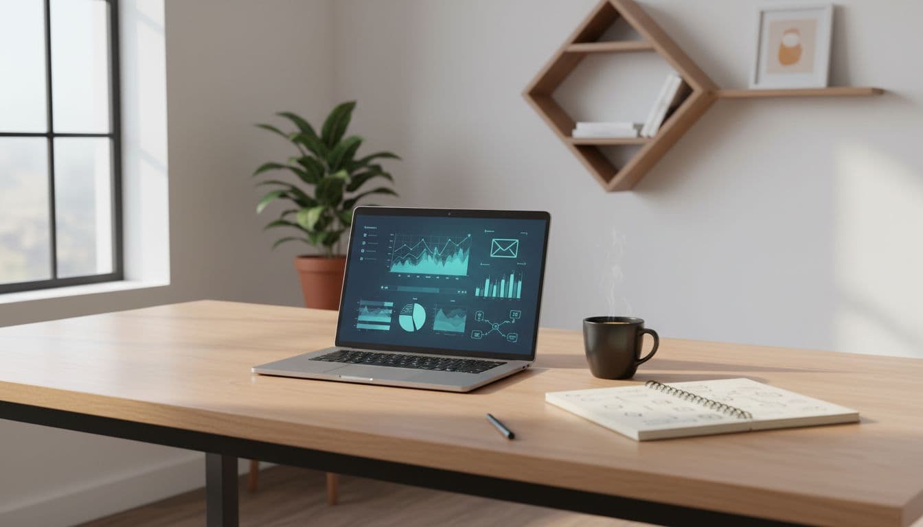 A clean wooden desk featuring an open laptop, a notebook, and coffee in a warm lit room.