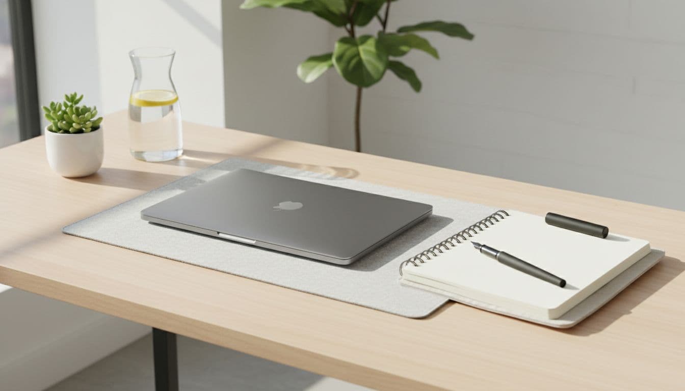 A closed laptop and planner sit on a bright desk bathed in soft sunlight.