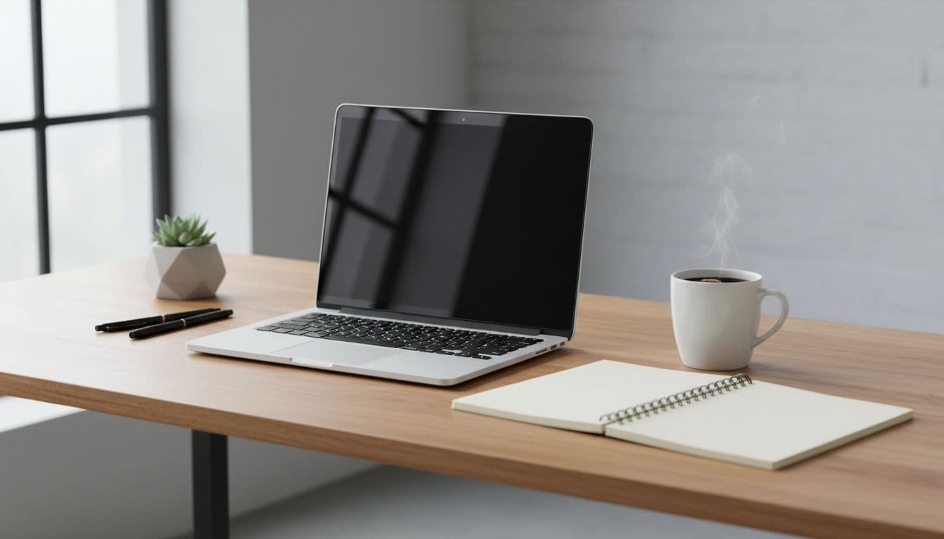 A neatly organized desk features a laptop, a notebook, and a warm cup of coffee.