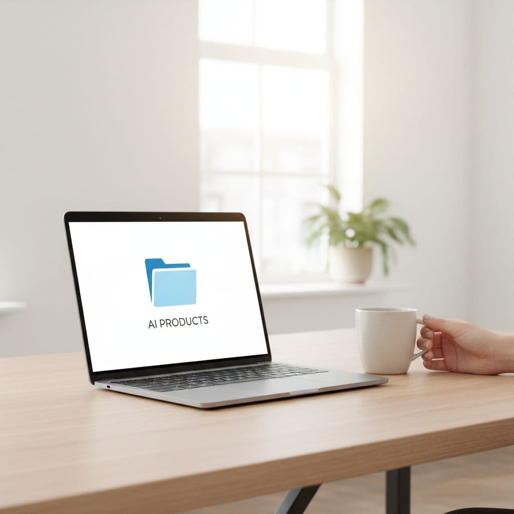 A person rests their hand near a coffee mug beside a laptop showing a digital folder icon.