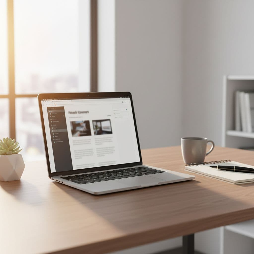 A clean desk features an open laptop and notepad bathed in warm natural window light.